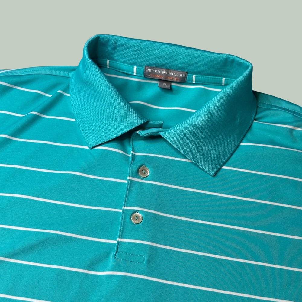 Peter Millar Polo Shirt Mens XL Summer Comfort Teal White Striped MF13EK05 Golf